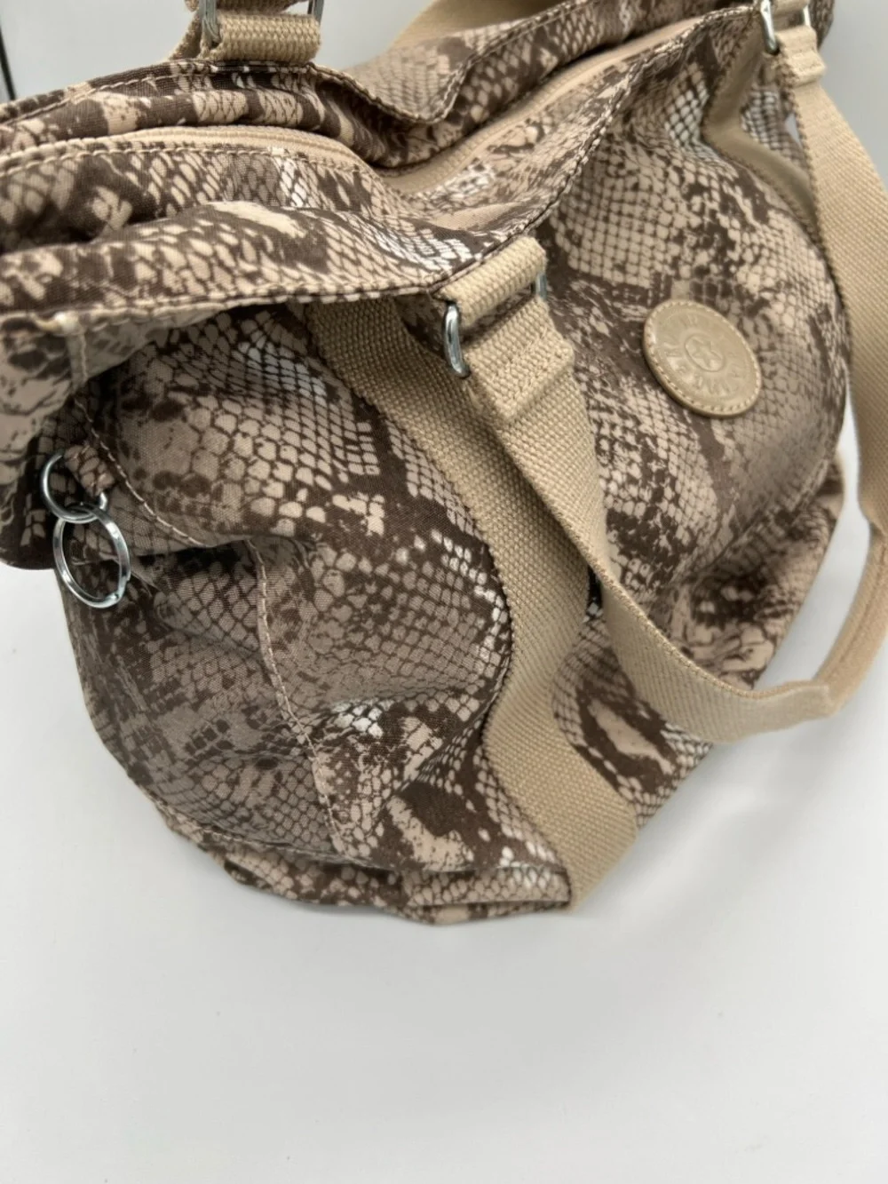 Kipling Taupe Snake-Print Canvas Tote with Beige Webbing